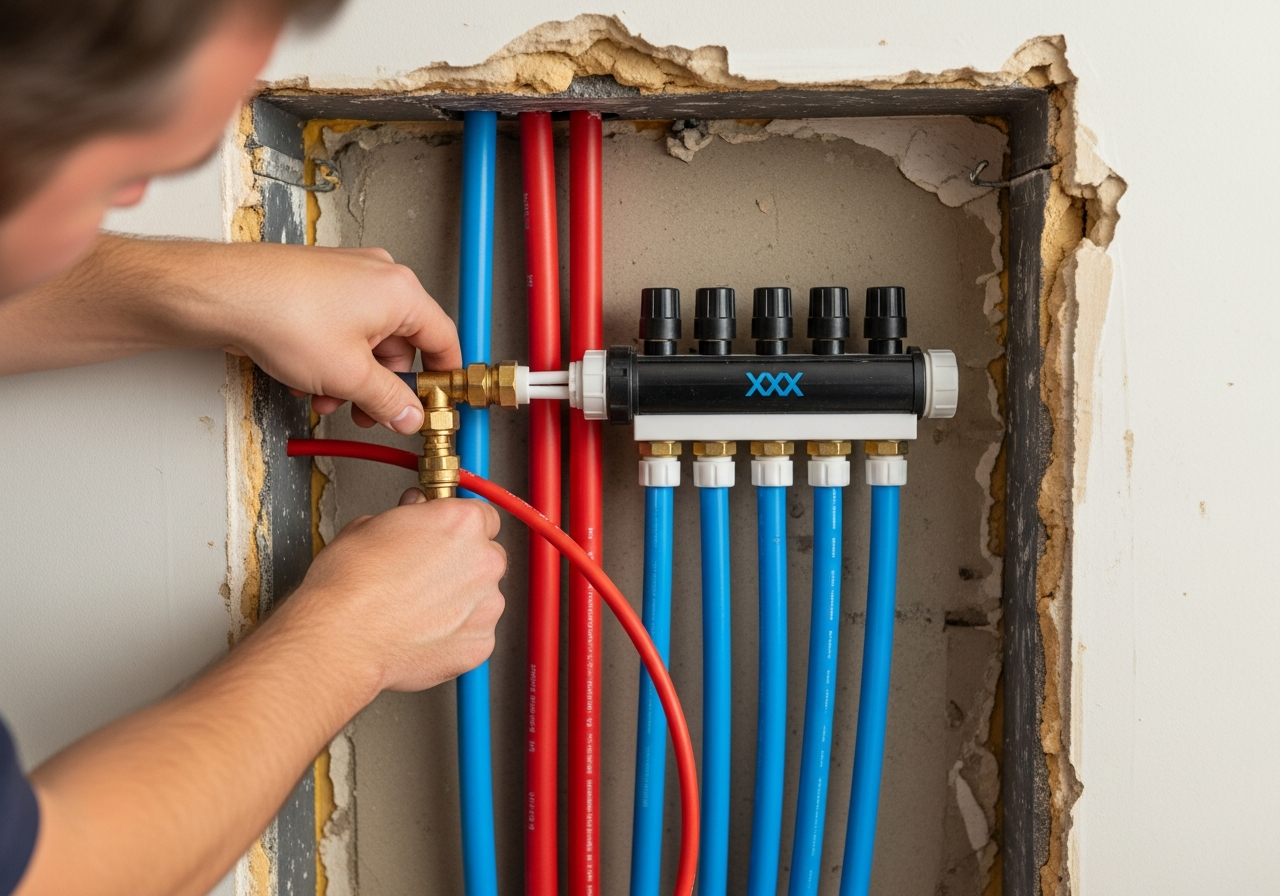 New PEX piping being installed during whole home repipe plumbing in Plano TX