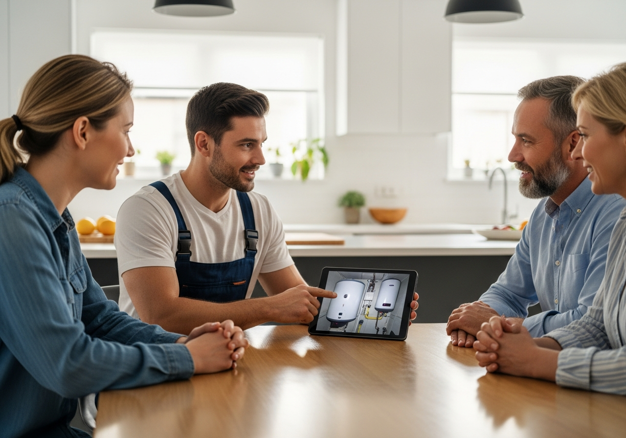 Professional plumber explaining repipe plumbing options to Plano TX homeowners