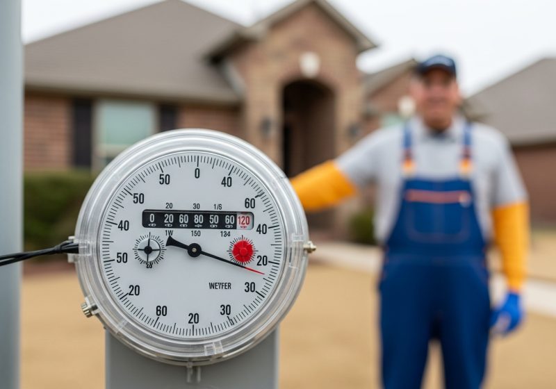 A close-up of a residential water meter with a blurred background of a suburban house and garden, emphasizing a high reading.