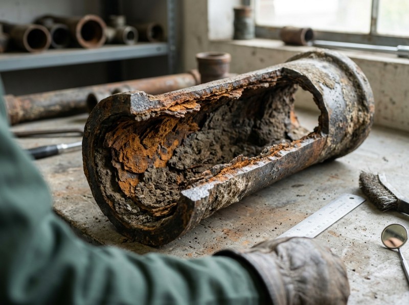 Close-up of a severely corroded and deteriorated cast iron sewer pipe section