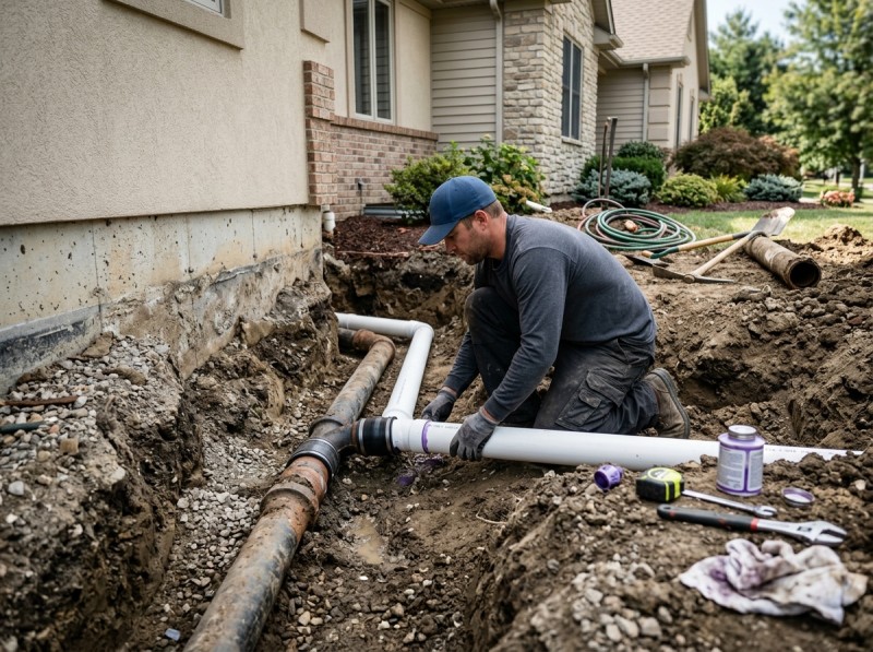 Plumber installing new PVC sewer pipe in an excavated trench next to a home